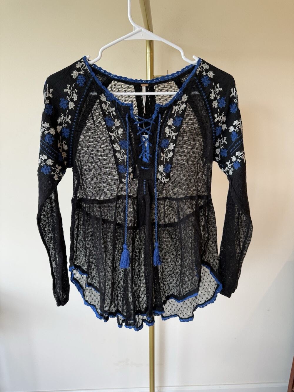 Free People Black Blue Embroidered Tassel Lace Blouse XS Boho Festival Y2K
